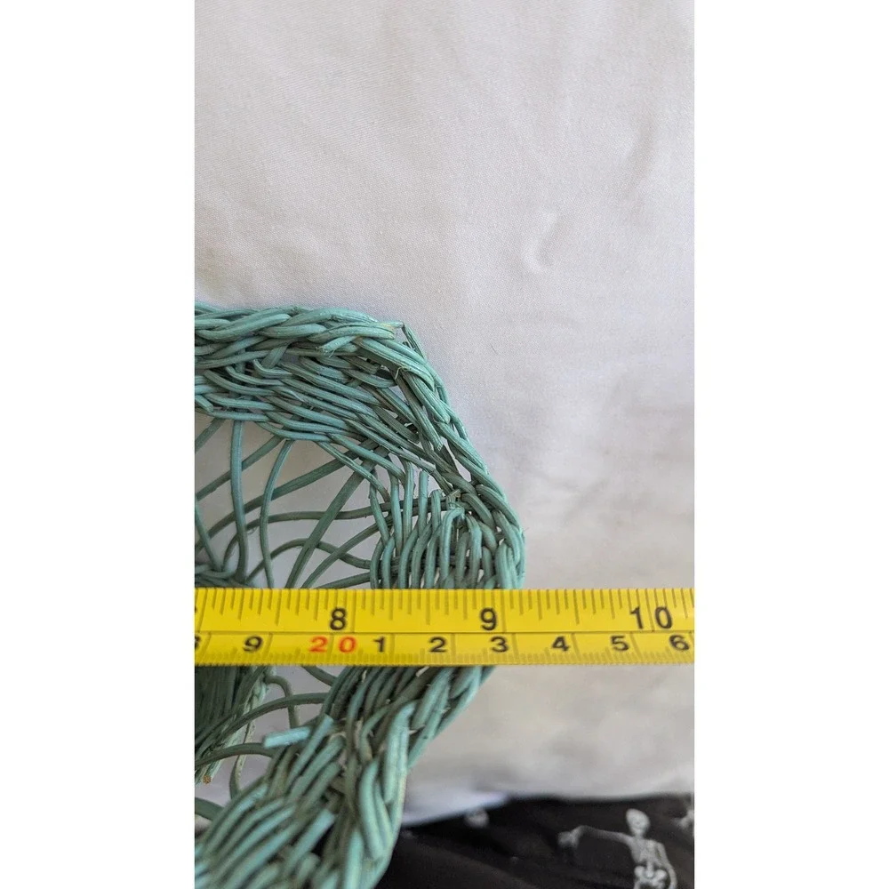 Vintage Wicker Umbrella Wall Hanging Basket Teal Green Scalloped Woven Decor